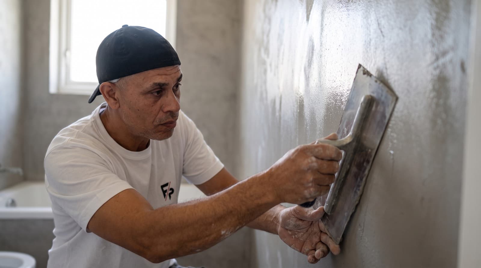 Handwerker zieht Mikrozement mit der Glättkelle auf eine Wand im Bad