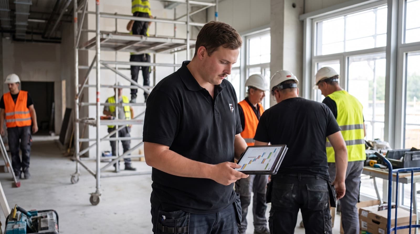 Bauleiter mit Tablet koordiniert die Gewerke auf einer Baustelle in Düsseldorf